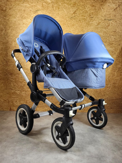 Bugaboo - Donkey 2 Zwillingskinderwagen Geschwisterwagen (2 Sitze / 1 Babywanne) Inkl. Seitliche Gepäcktasche - Blau