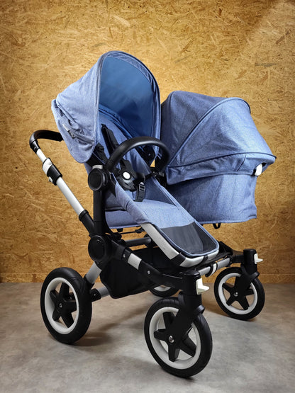 Bugaboo - Donkey Zwillingskinderwagen Geschwisterwagen (2 Sitze / 2 Babywanne) Inkl. Seitliche Gepäcktasche - Blau